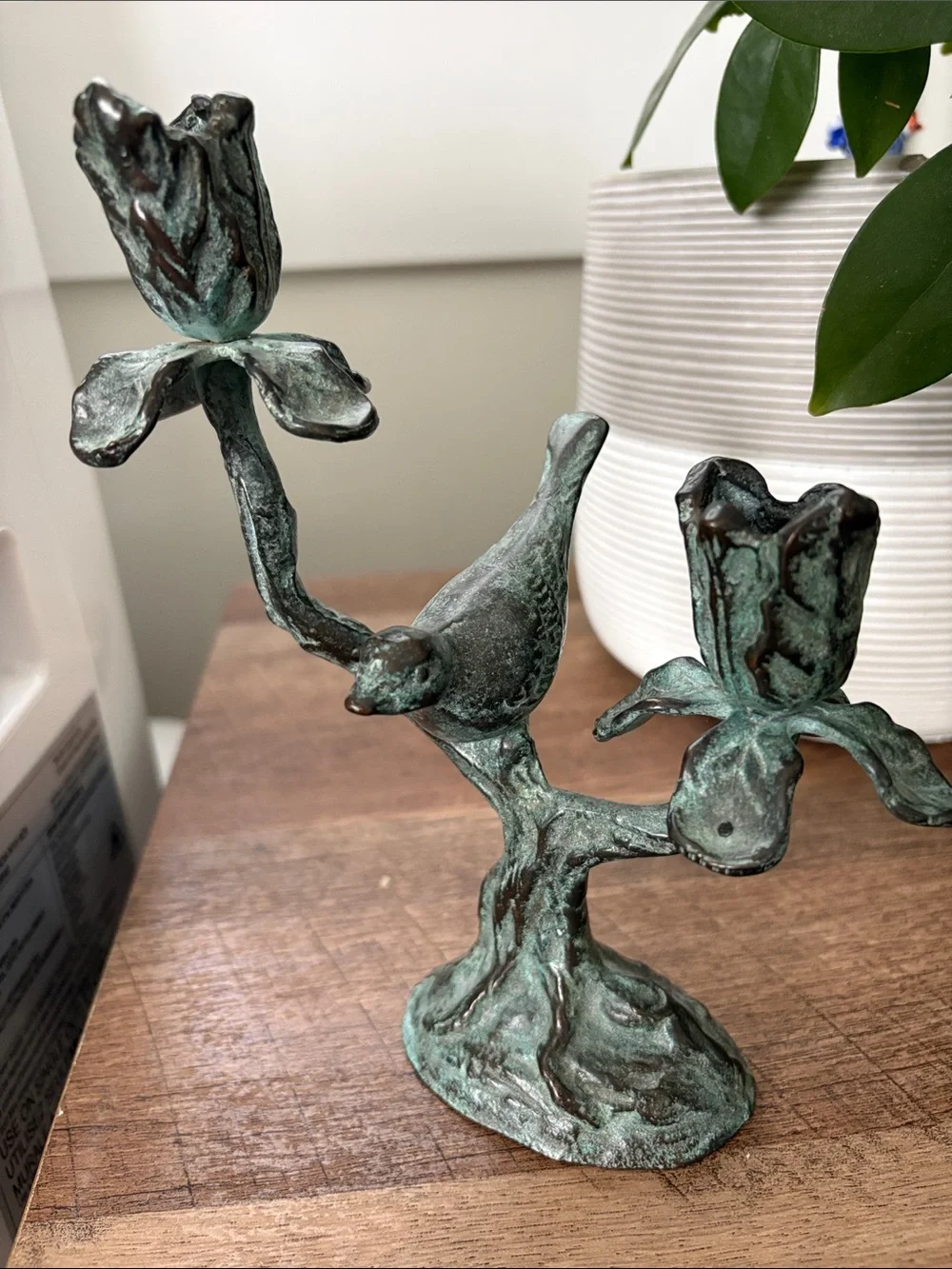Pier 1 Metal Decorative Verdigris Bird & Floral Candle Holder  made in Korea